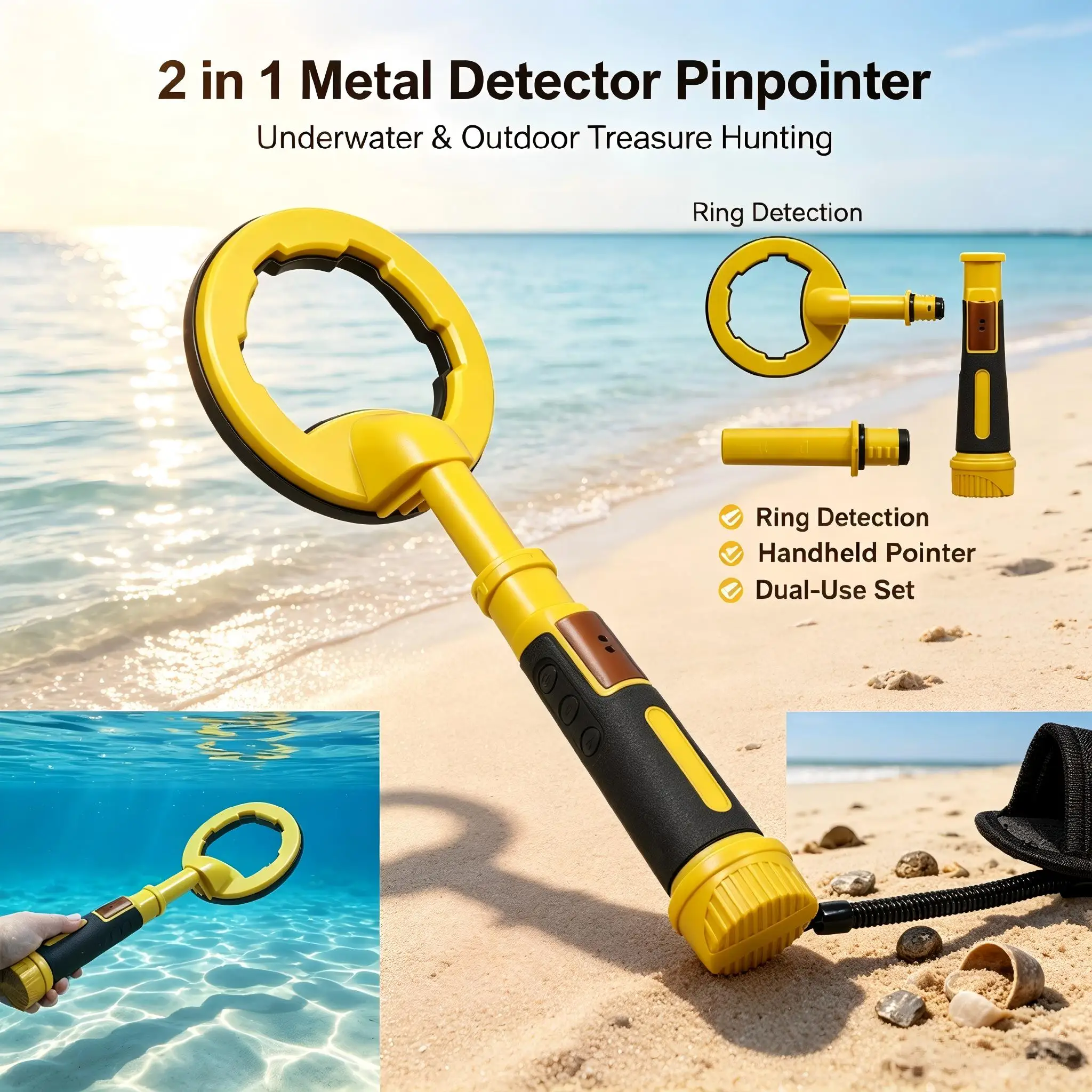 Handheld IP68 Waterproof Metal Detector Pinpointer Pulse Dive Underwater 2-in-1 Treasure Hunter for Dive Metal Finder