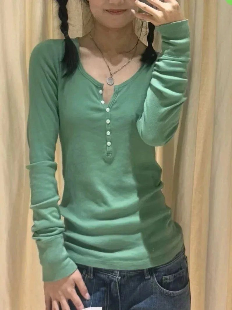 Matcha Six Button T-Shirts Women New Casual Simple Basic Cotton Patchwork Long Sleeve Tees Vintage Preppy Style Sweet Tops Y2K