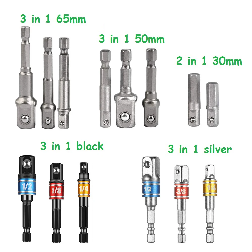 Drill Socket Adapter Kit Impact Drill Extension Bit Socket Adapter Kit 1/4\'\' 3/8\'\' 1/2\'\' Square Head 1/4\'\' Hex Shank Drill Tools