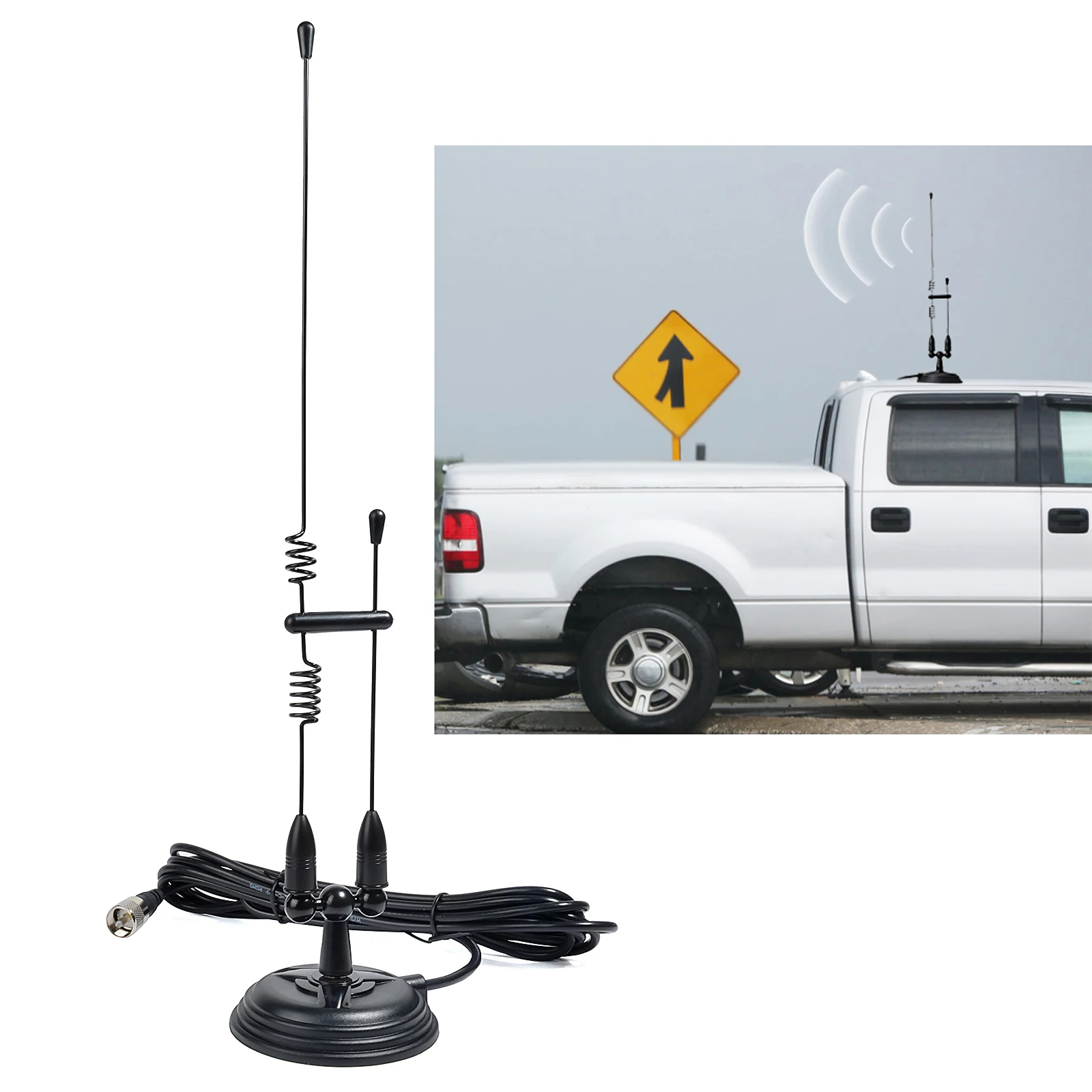 Dwuzakresowa antena mobilna z podstawą magnetyczną, 2 m 70 cm VHF/UHF Antena pojazdowa z kablem koncentrycznym RG58 o długości 13 stóp i uchwytem magnetycznym 3,5 cala