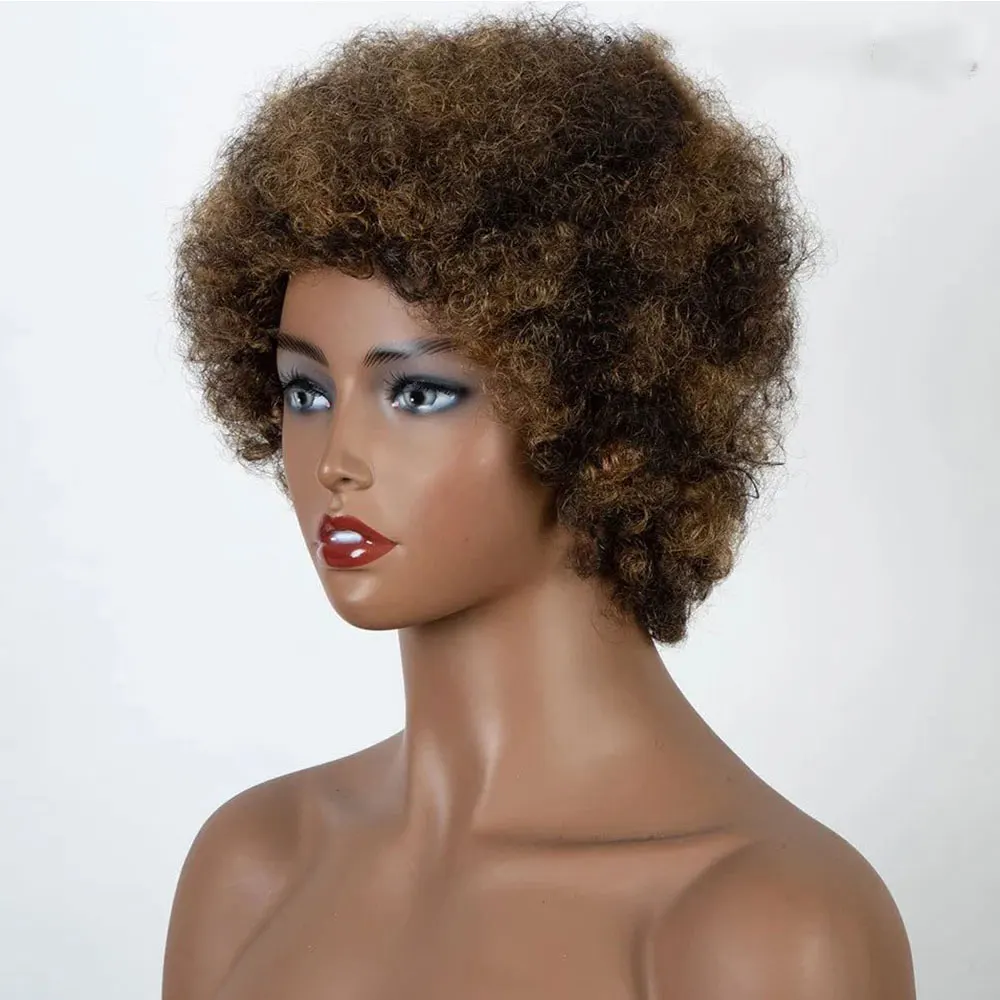 Afro Kinky Curly Highlight Wig Human Hair Ombre Brown Blonde Kinky Curly Afro Human Hair Wigs for Women Cosplay Full Machine Wig image 5