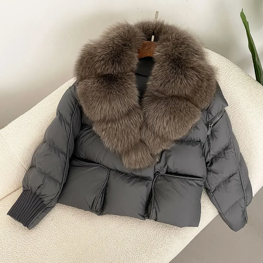 Real Raccoon Fox Fur Collar Coat Women Thick Warm Streetwear Casual Outerwear 2024 Winter Natural White Duck Down Jacket