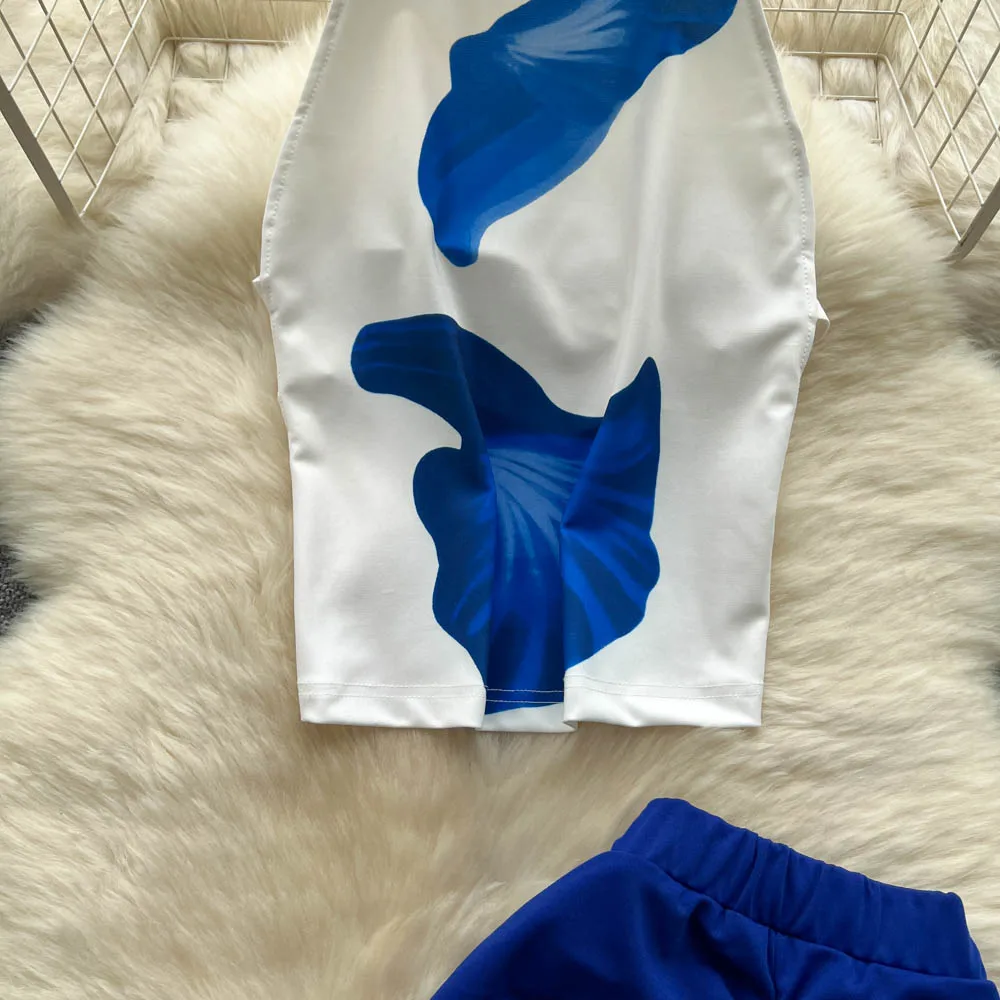 Gaun pensil tanpa lengan motif seksi antik pakaian wanita liburan Fairycore pantai musim panas yang Chic Set dua potong