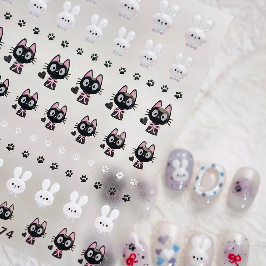 네일 아트 스티커 사랑스러운 토끼 5D 부조 매니큐어 데칼 만화 검은 고양이 흰 토끼 새끼 고양이 발 귀여운 3D 젤리 자기 접착제