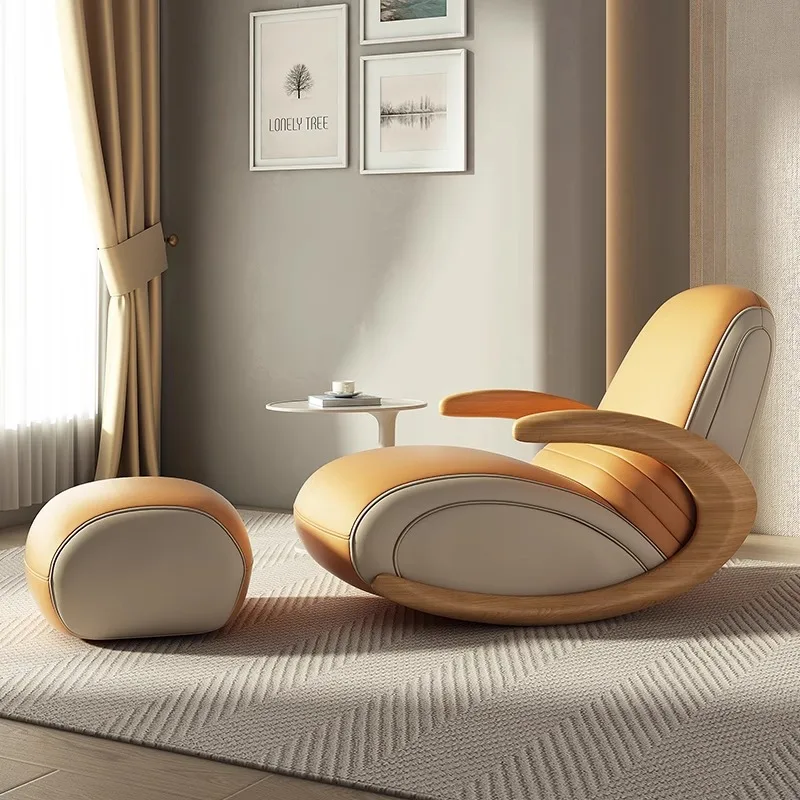 Accent Lazy Sofa Relax Armchairs Free-standing Home Lounge Balcony Furniture Modern Solid Wood Rocking Recliner Backrest Chair