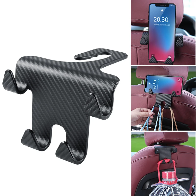 Car Seat Headrest Hook Carbon Fiber Mobile Phone Holder Vehicle Universal Holder Handbag Purse Coat Car Interior Accessories