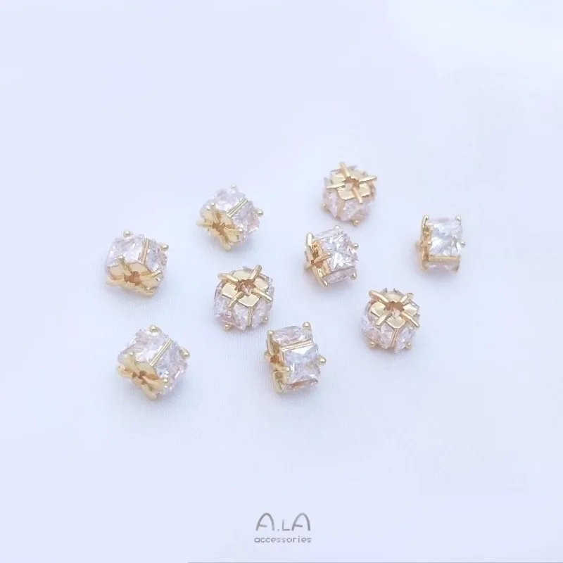 14K Gold Color Inlaid With Four-sided Zirconium 6mm Square Beads, Handmade DIY Bracelet, Earrings, Jewelry Accessories.