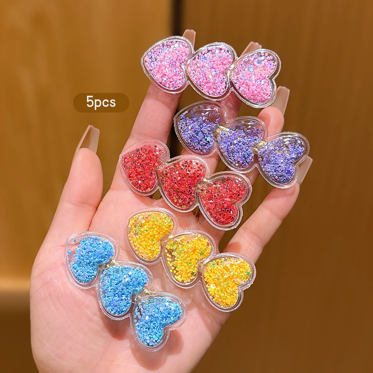 5 colorful heart-shaped flowing sand hair clips, simple and versatile hair accessories suitable for daily use