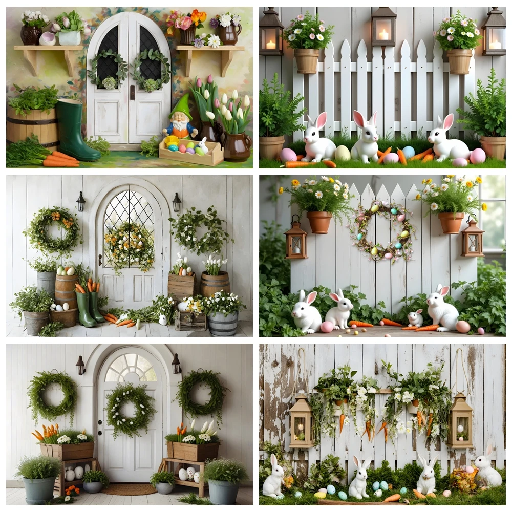 Spring Easter Photography Backdrop White Fence Wooden Board Green Garland Rabbit Bunny Eggs Carrot Kid Portrait Photo Background