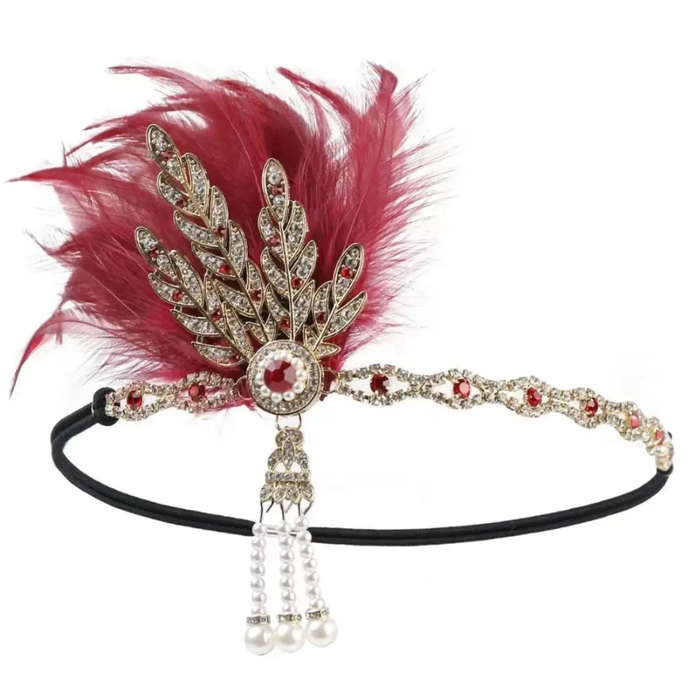 Retro Elegant Feather Headband 1920s Diamond Cosplay Dress Headwear Makeup Party Vintage Hair Accessories Bridal