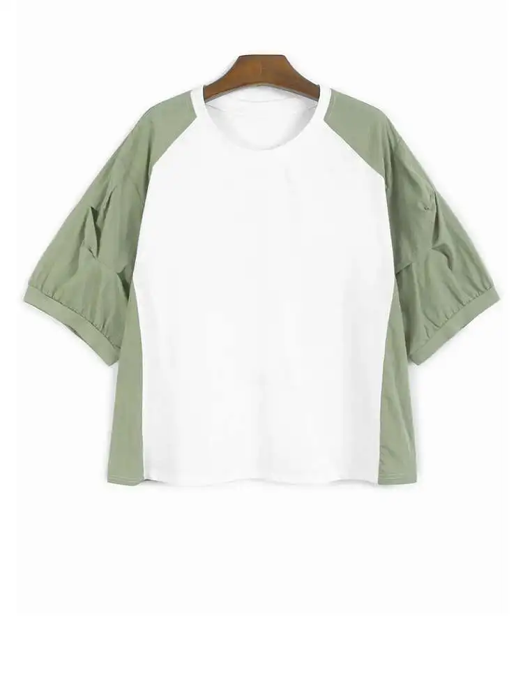 

Women Gray Pleated Color-block Big Size Casual T-shirt New Round Neck Short Sleeve Fashion Tide Spring Summer