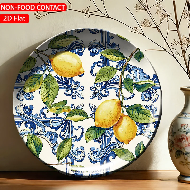 1pc FORJN Modern Ceramic Decorative Plate with Blue Lemon Wall Art - Round Non-Food Contact Plate Suitable, Living Room,