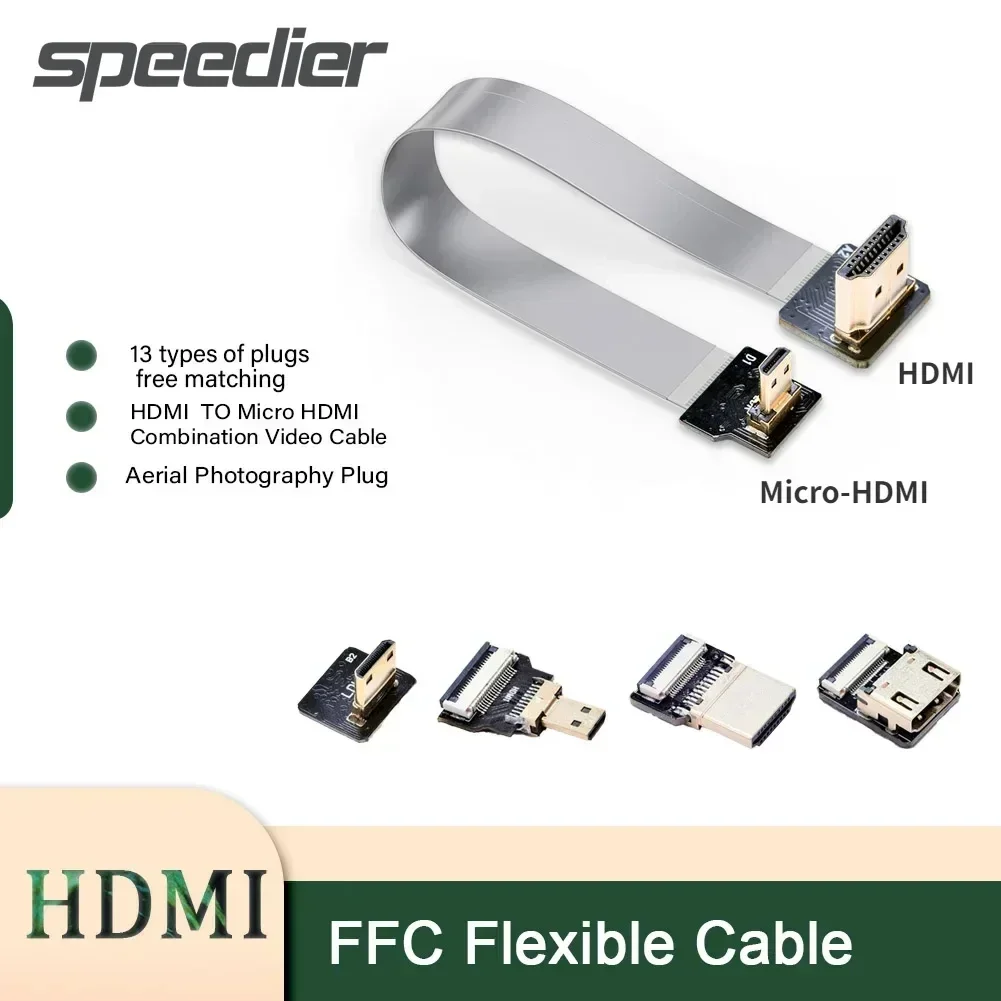 Ribbon Flat FPV HDTV Cable Micro-HDMI to Standard-HDMI 90 Degree Male Female Adapter 5cm-100cm FPC 20pin FFC Flexible Soft Cable