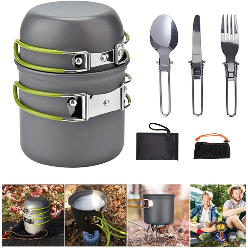 Camping cookware mess kit 1-2 person, portable pan set, fork spoon kit for backpacking, hiking, picnic and camping