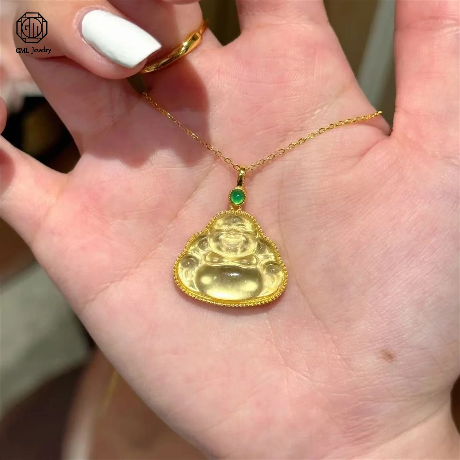 925 Sterling Silver Natural Jadeite Jade Large Belly Buddha Pendant High Ice Choker Necklace Light Luxury Banquet Jewelry Gift