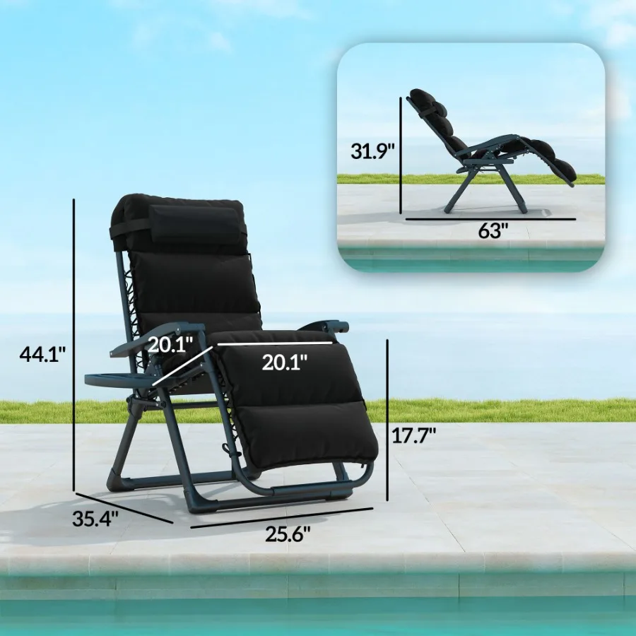 Zero Gravity Lounge-Stuhl-Set, 2-teilig, verstellbare, klappbare Outdoor-Lounge-Stühle mit Kissenauflage, Seitentablett, Schwarz