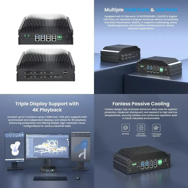 Fanless Industrial Mini PC 4 Ethernet RS232 RS485 COM Network Server Ubuntu Firewall Router GPIO 12V Phoenix Terminal