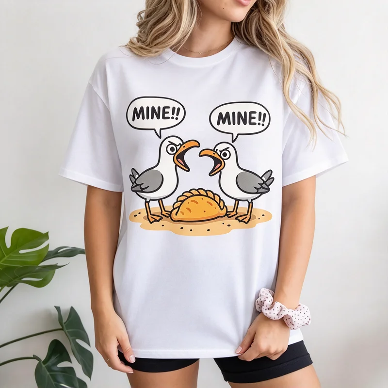 Funny Seagull Mine Mine T Shirt Men Women Cute Cartoon Seagull Fight for Pastry Graphic Short Sleeve Cotton Tee Humor Y2k Top