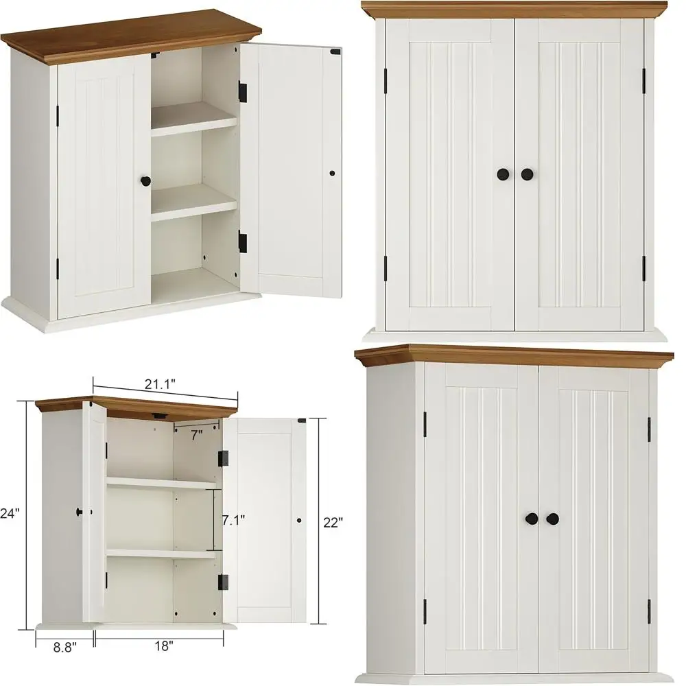 

Over Toilet Storage Cabinet with 2 Doors, Adjustable Shelves, Antique White & Brown Finish