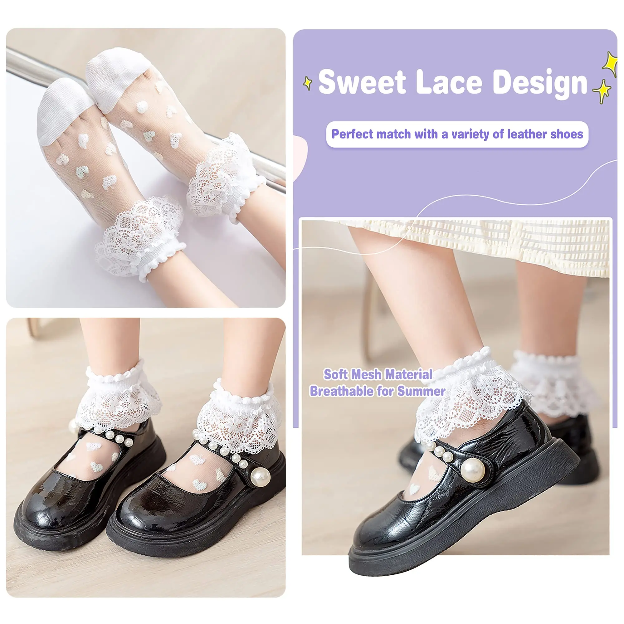 Girls socks, Ruffles Ankle Socks Transparent Silk- 5 Pack Thin Lace Mesh Sheer socks for Toddler Girls(3-16 Years)