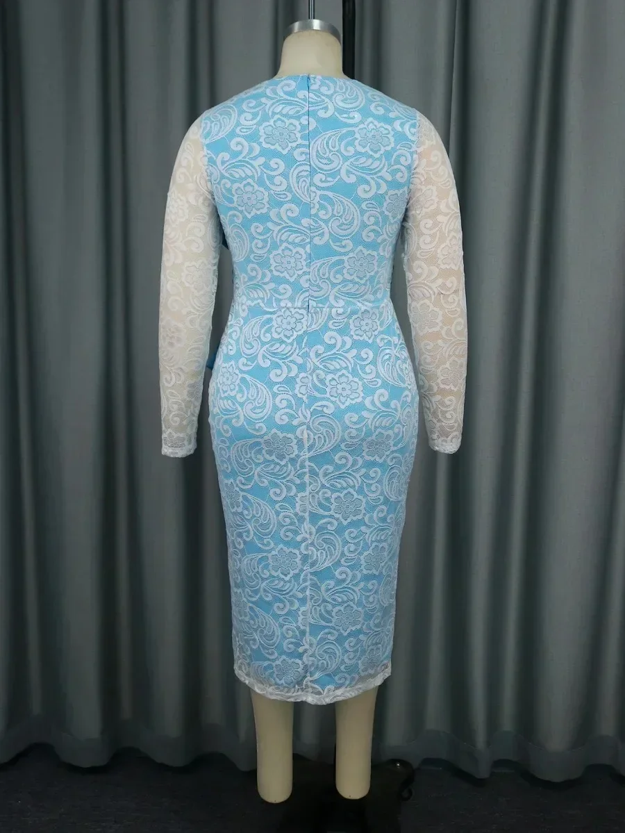 Vestidos Vintage de encaje azul para mujer, vestidos por debajo de la rodilla con cuello redondo y manga larga transparente, pajarita de cintura alta, cóctel de cumpleaños, 2024