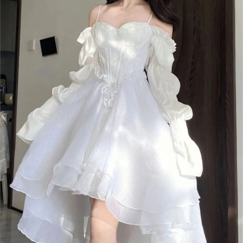 Spring Elegant White Off Shoulder Fairy Dress Chic Princess Puff Dress Mesh Puff Dress