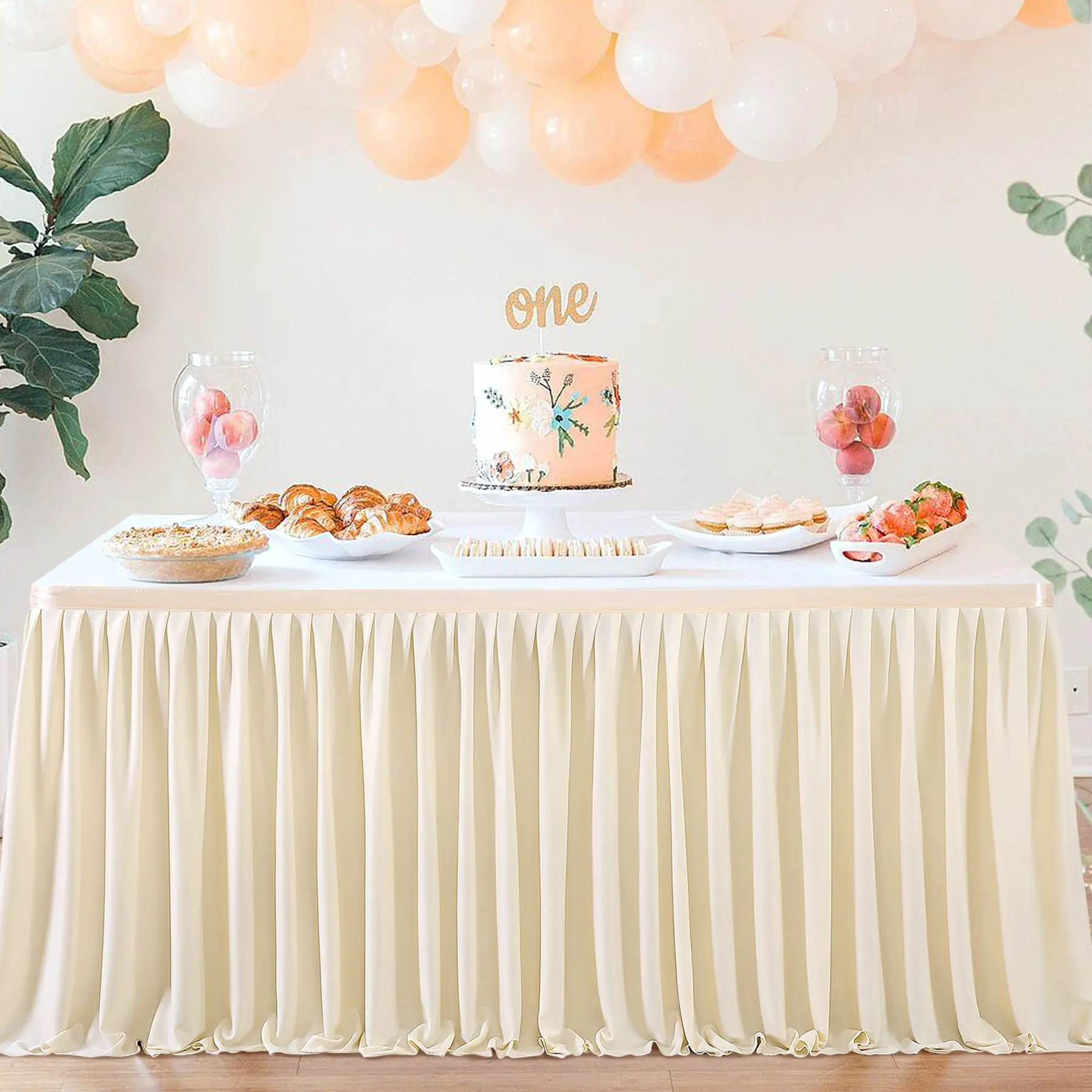 Ivory Polyester Table Skirt, Wrinkle Free Fitted with Pleated Ruffle Table Skirt for Party Wedding Birthday