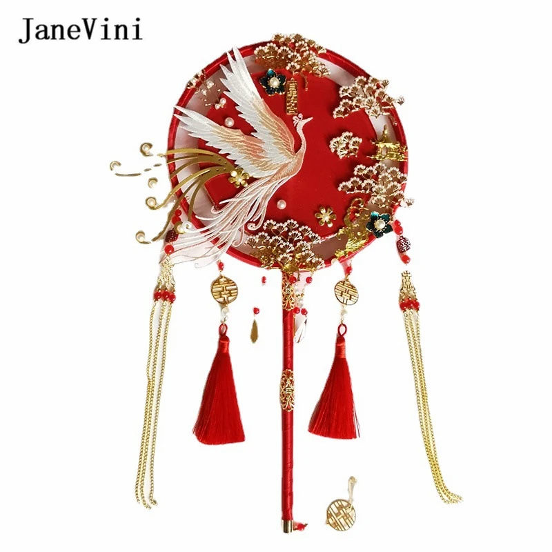 Janevini Luxe Rode Chinese Bridal Hand Boeketten Fan Type Kunstmatige Bloemen Parel Kristal Metalen Ronde Fans Bruiloft Accessoires