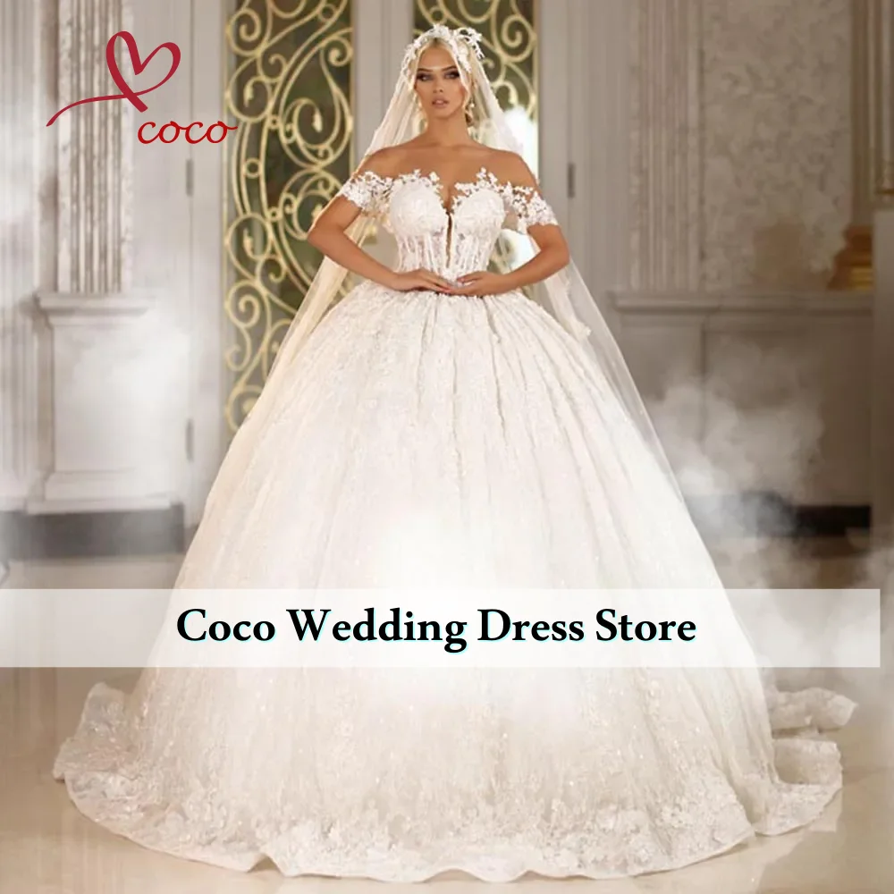 

Индивидуальное с открытыми плечами с коротким рукавом, жемчугом, бусинами, цветами, аппликациями, кружевом, великолепное бальное платье, свадебное платье Vestido De Novia