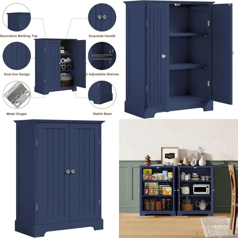 

Contemporary Blue Freestanding Bathroom Storage Cabinet with 2 Doors and Adjustable Shelves