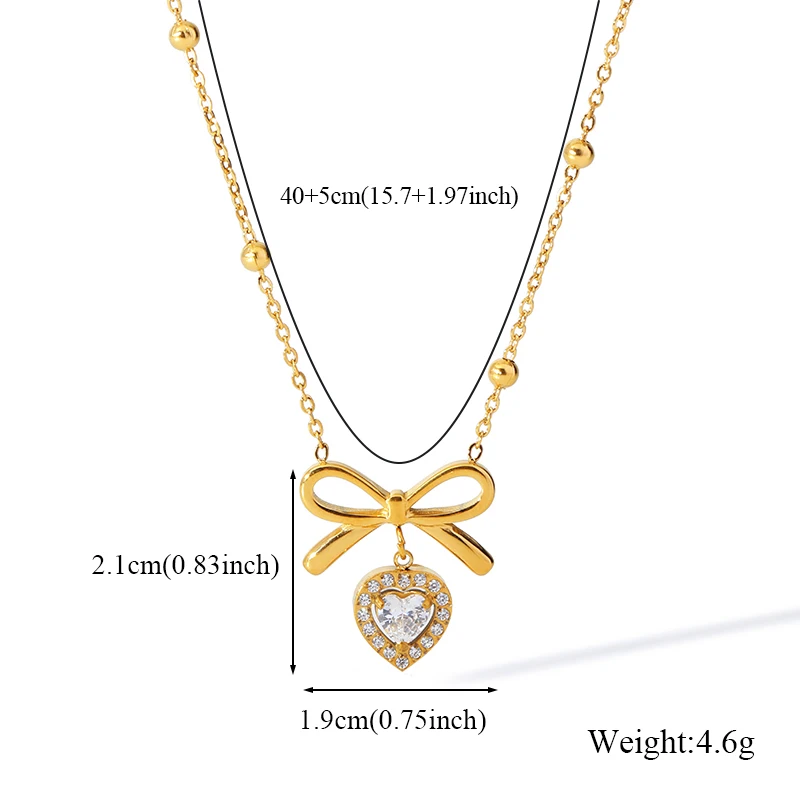 GANEMLY 316l Stainless Steel Luxury Bling Cubic Zirconia Bowknot Heart Pendant Necklace Women Chic Romantic Waterproof Jewelry