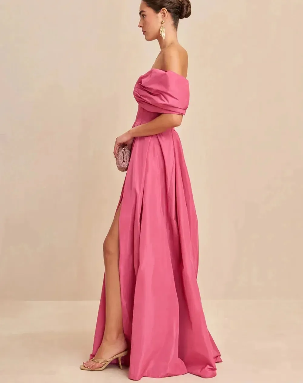 Elegant Pink Taffeta Prom Party Dress 2026 Off the Shoulder Puff Sleeve Silt Floor Length Evening Birthday Formal Gowns Banquet