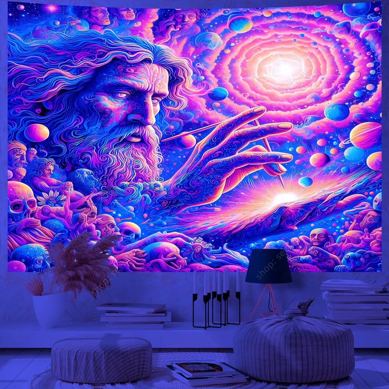 Psychedelic Wizard UV Reactive Tapestry Magic Eyes Neon Universe Starry Tapestry Wall Hanging for Room Decor Witchcraft Supplies