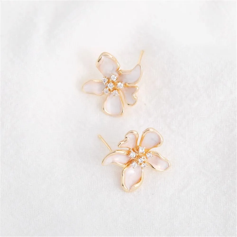 14K Gold-wrapped Silver Needle Inlaid with Zircon Stamen Sticker Shell Flower 19mm Stud Earrings with Hat Needle DIY Earrings