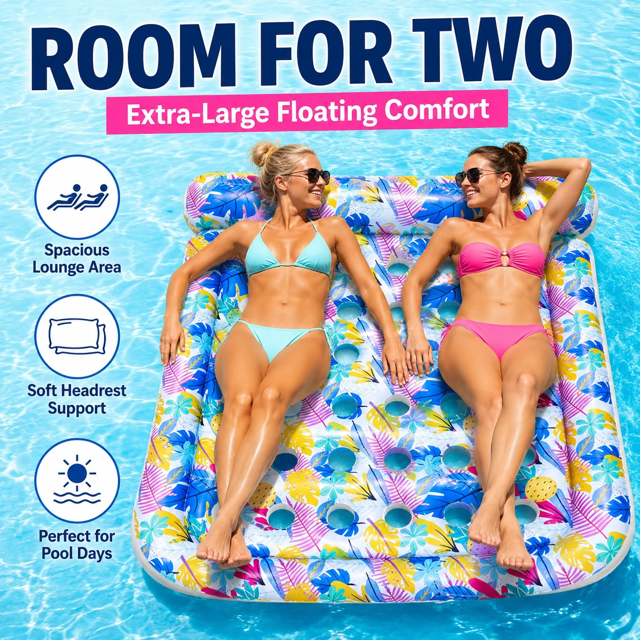 1PC Inflatable Pool Float Mattress for Two Adults, Extra Large Floating Lounge Raft with Pillow Open Hole Design Pool Beach