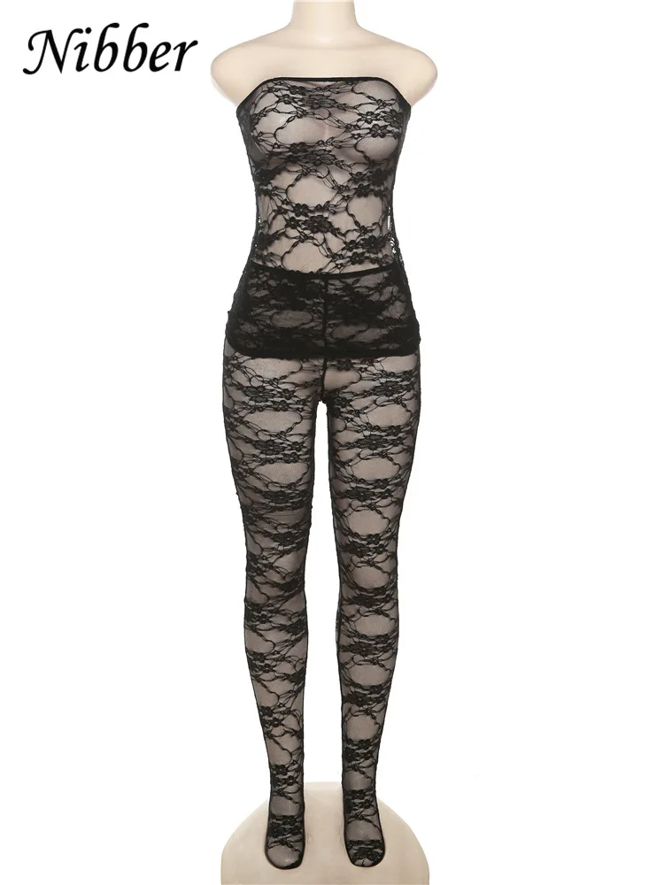 Nibber Sexy See Through Lace Hook Flower Two Piece Set Women Wrapped Chest Tops + Skinny Foot Leggings Female Midnight Outfits