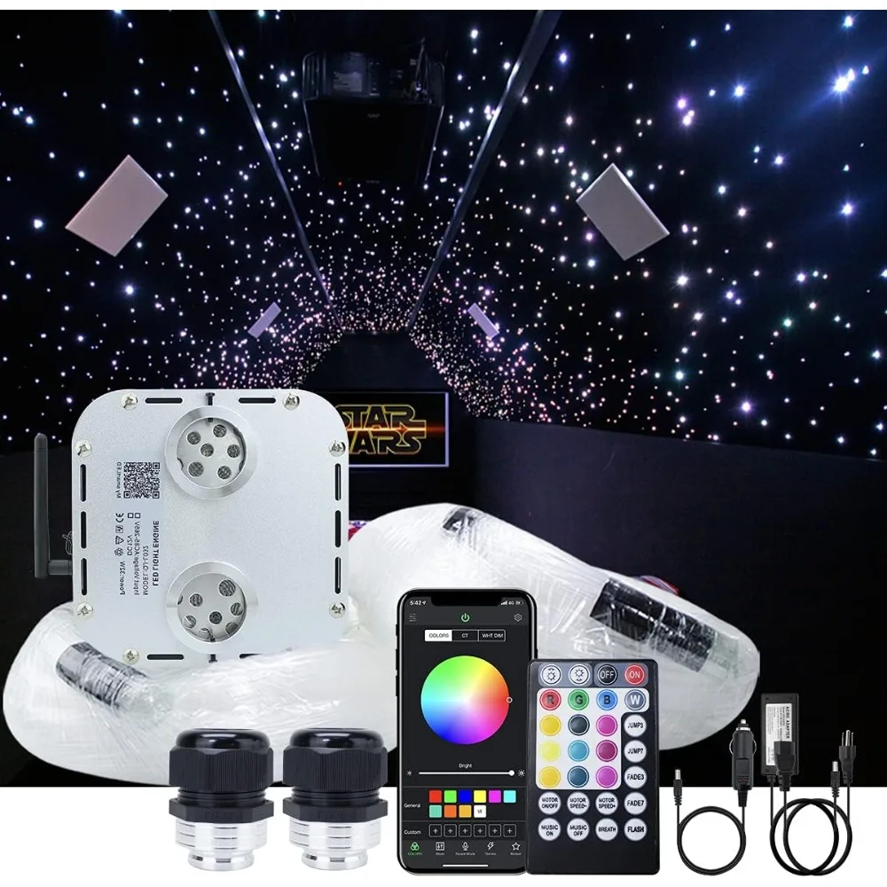 32W Dual Head RGBW Twinkle APP Controlled Fiber Optic Star Ceiling Light Kit 16.4ft 1550 Strands for Car Home Indoor