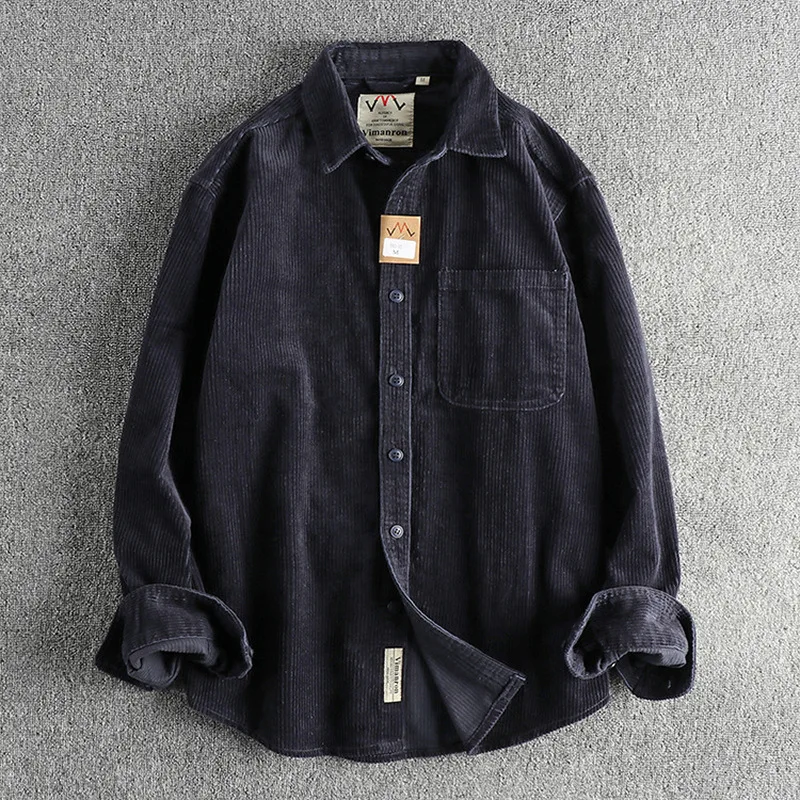 QICHE Men Custom Woven 100% Cotton Corduroy Long Sleeve Shirt Washed American Casual Single Pocket Overshirt Jacket