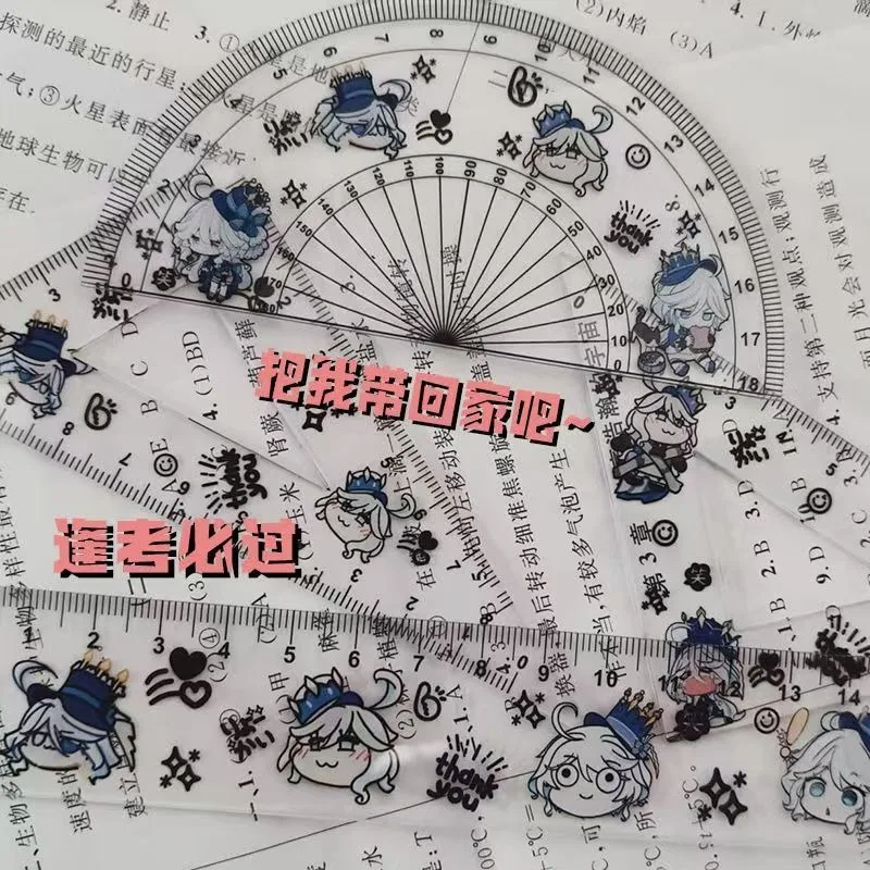 4Pcs/Set Game Cartoon Drawing Ruler Measurement Geometry Triangle Ruler Straightedge Protractor Focalors Furina de Fontaine Gift