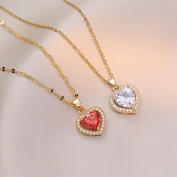 Fashion Red Zircon Love Heart Pendant Necklaces for Women Girls Stainless Steel Chain Vintage Sweet Jewelry Accessories Gifts