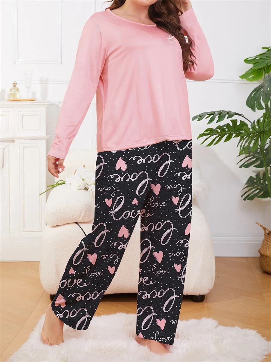 Women Valentine'S Day Love Color Contrast Plus  Pajama Casual Set Letter Heart Printed Top and Pants 2-Piece Set Pink Home Set