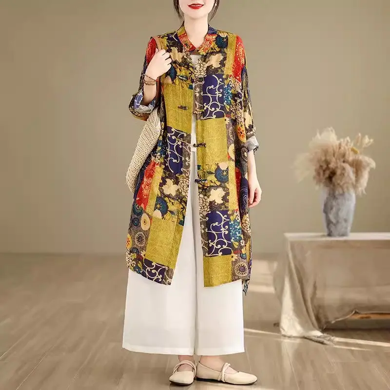 

New Chinese Style Cardigan Shirt For Summer Wear 2024 Women's Retro Long Sun Protection Clothing Outer Thin Printed Tunic K809