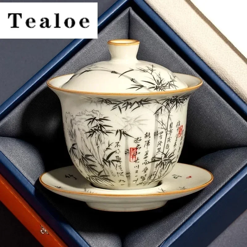 

Bamboo Ru Yao Porcelain Gaiwan Set For Tea Tureen Teaware Cup Chinese Yellow Ceramic Opening Tea Bowls Chawan Tea Ceramony Lily