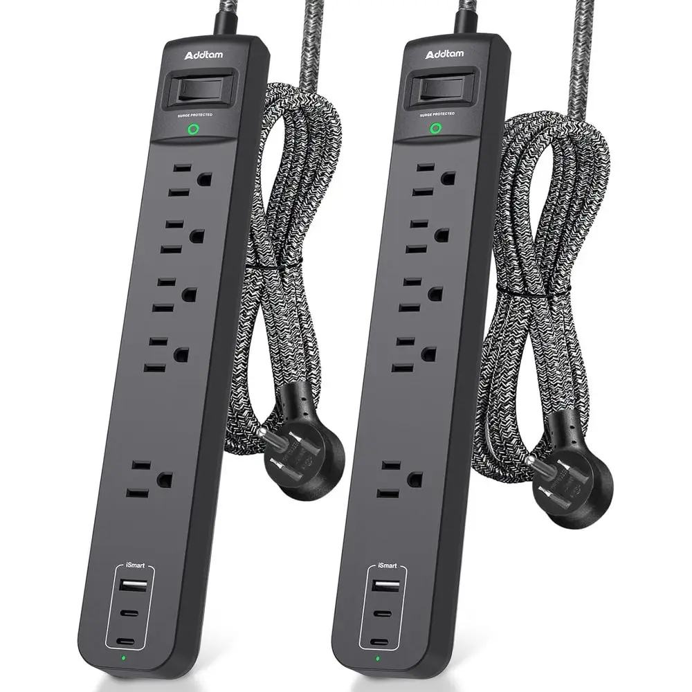

2-Pack Surge Protectors with 5 Wide Outlets, 3 USB Ports (2 USB-C), 1875W/15A, 15ft Cord, Wall Mountable for Home & Office