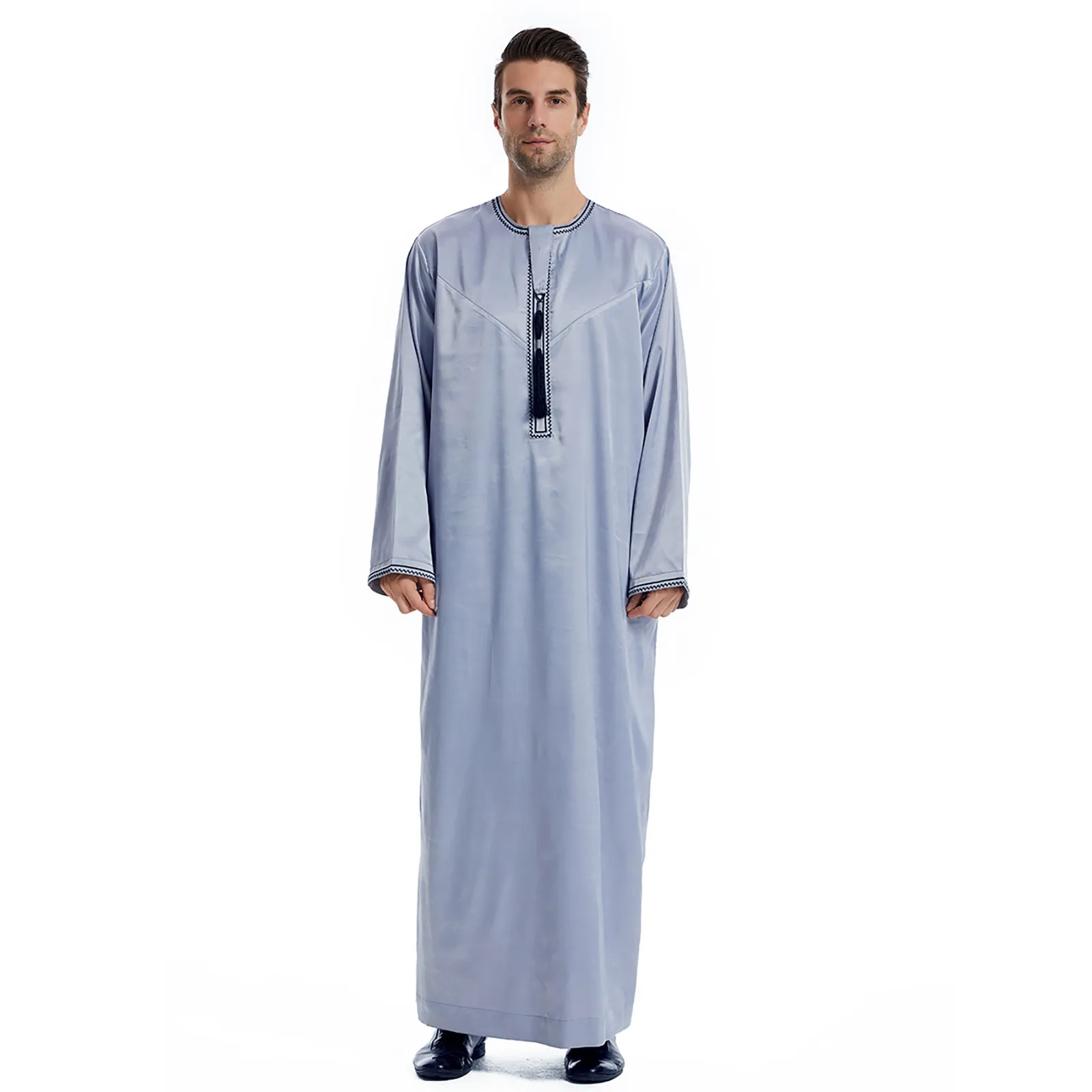 Robe en satin musulmane brodée pour hommes, manches longues, décontracté, mode, loisirs, Abaya, mince, solide, musulman