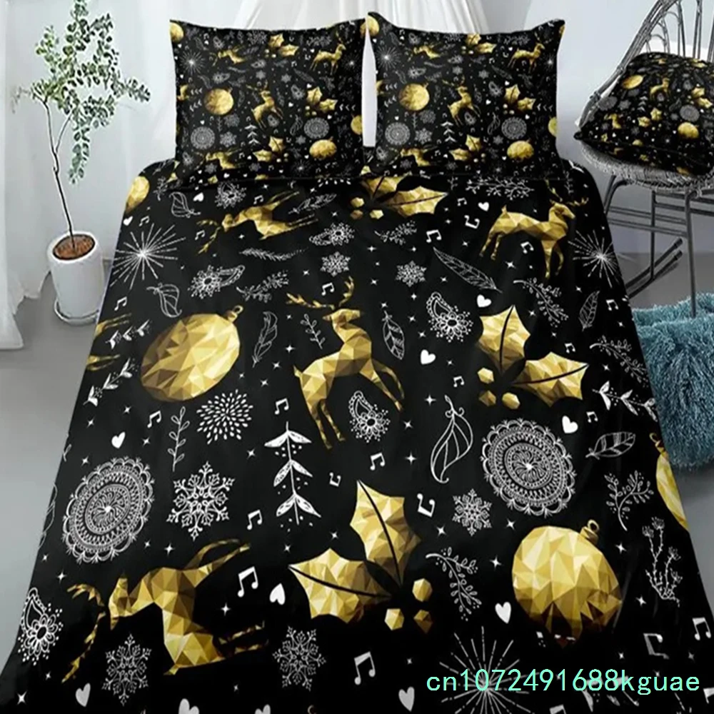 Merry Christmas Bedding Set Santa Claus Duvet Cover Set Winter Red Cartoon Snowman Bedclothes Black Gold Elk Quilt Cover Set