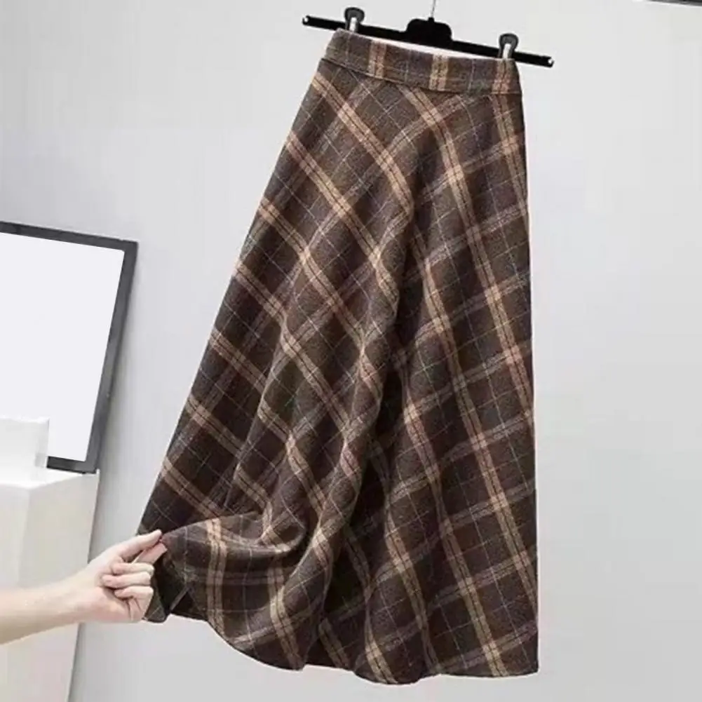 

Fall Winter Women Skirt High Elastic Waist Plaid Print A-line Big Swing Thick Warm Shirring Mid-calf Length Female Midi Skirt