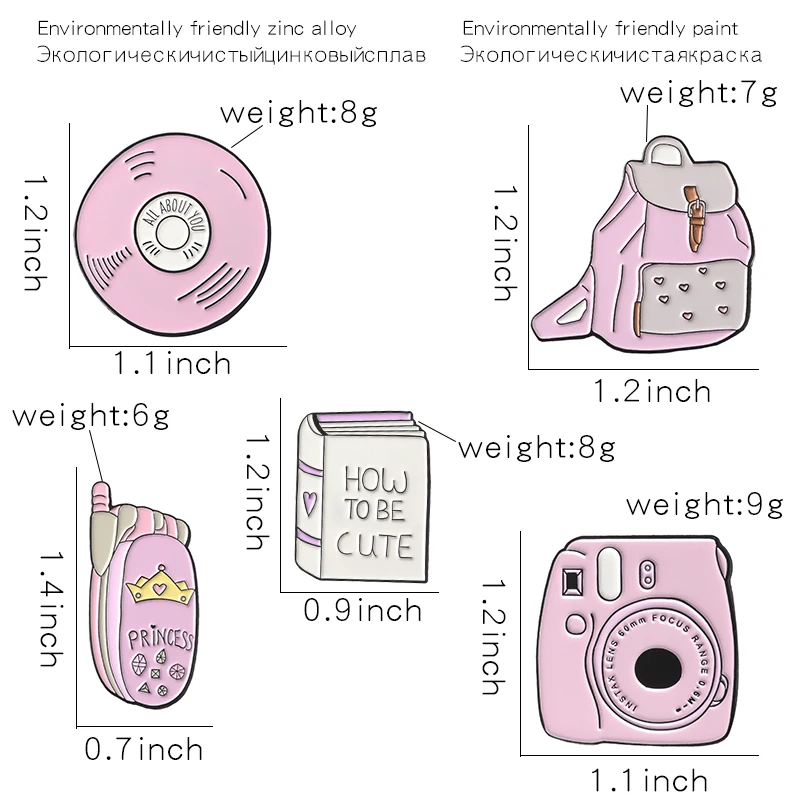 Backpack Book Camera Mobile phone CD Enamel Pin Custom Badges Pink Girl Brooches Lapel Pins Denim Shirt Collar Jewelry Gift Kids