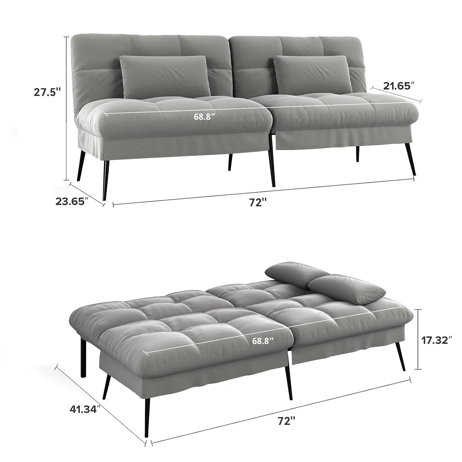 Futon Sofa Bed, 72″ Convertible Sleeper Sofa, Upholstered Loveseat | Adjustable Fabric Foldable Couch,Multi-angle, Customized