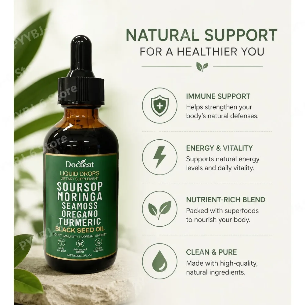 Docteat Liquid Drops Dietary Supplement with Soursop Moringa Seamoss Oregano Turmeric & Black Seed Oil Boost Immunity Energy